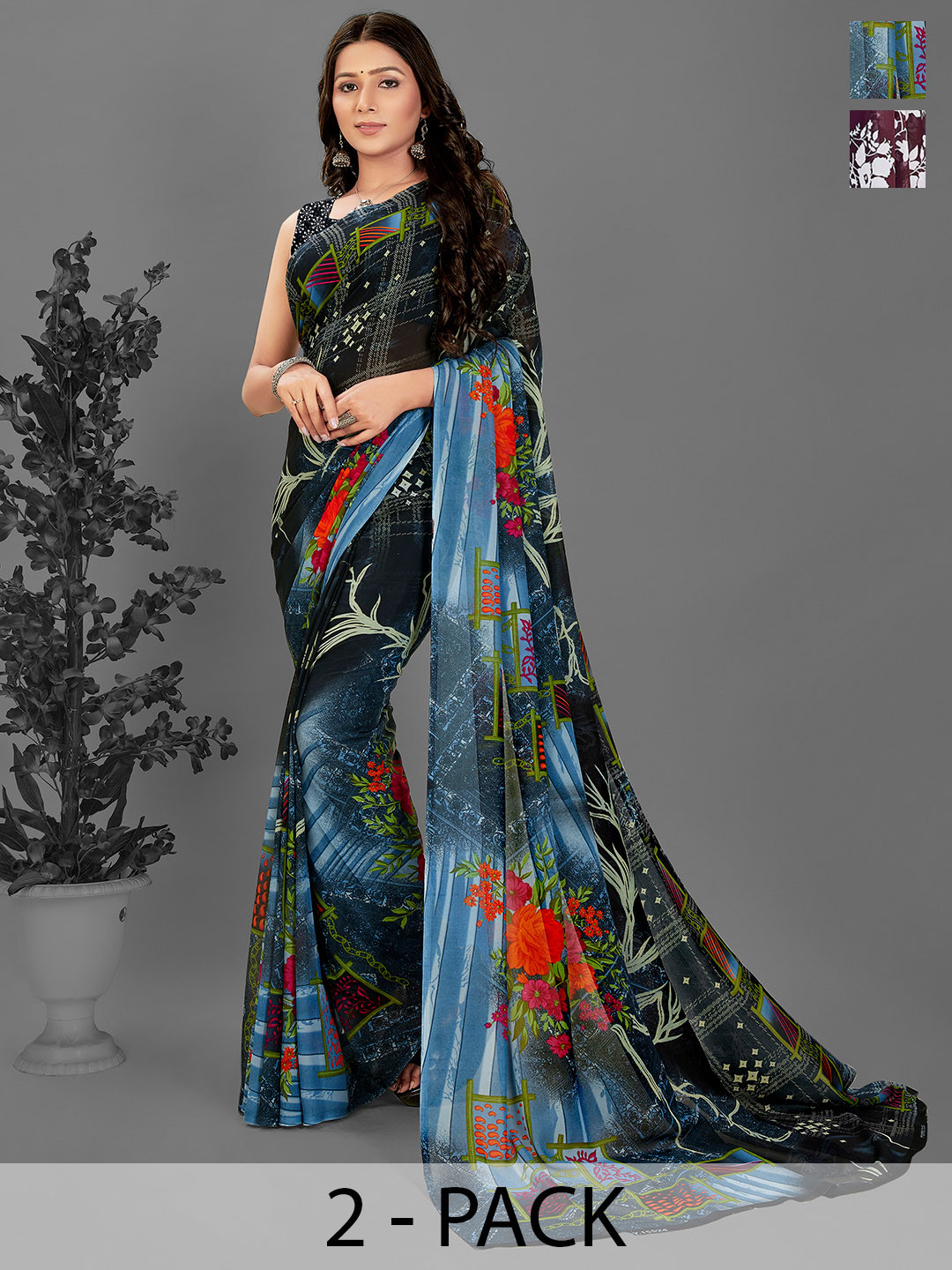 

ANAND SAREES Floral Pack of 2 Saree, Blue