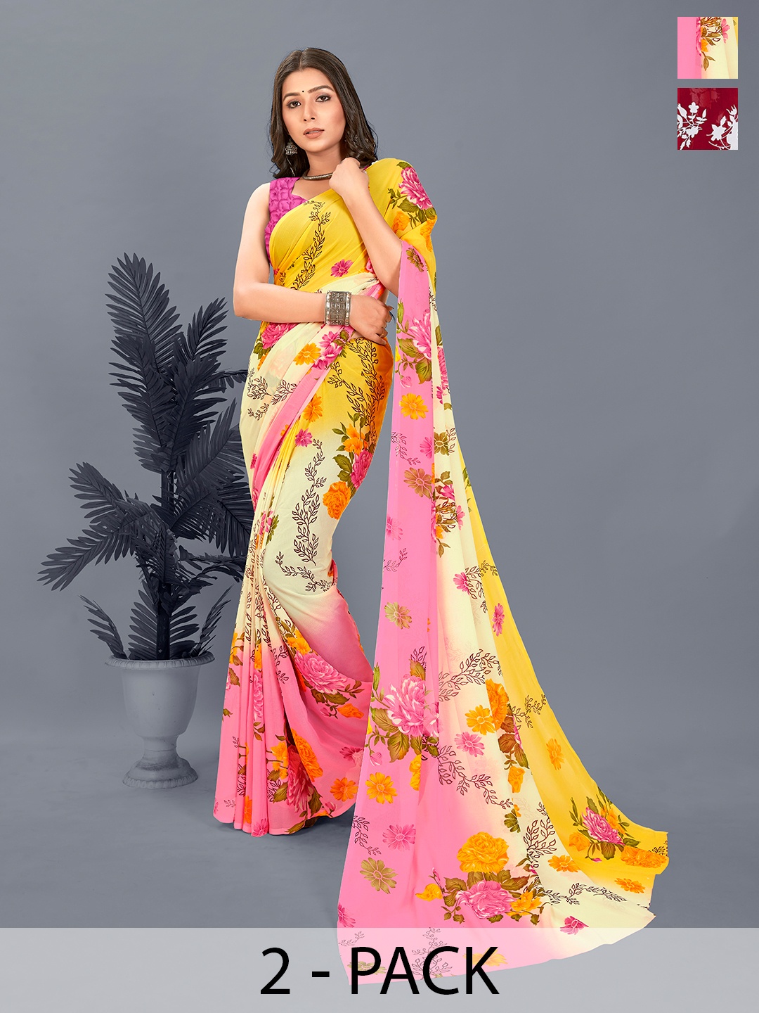 

ANAND SAREES Floral Pack of 2 Saree, Red