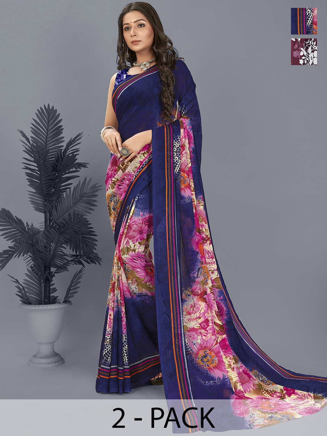 ANAND SAREES Floral Pack of 2 Saree, Blue
