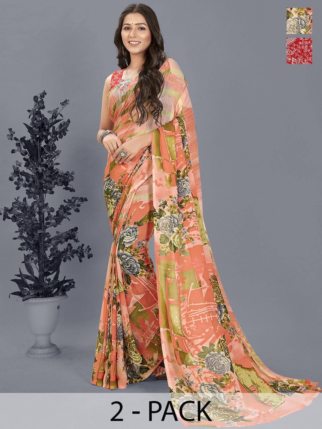 

ANAND SAREES Warli Pack of 2 Saree, Red