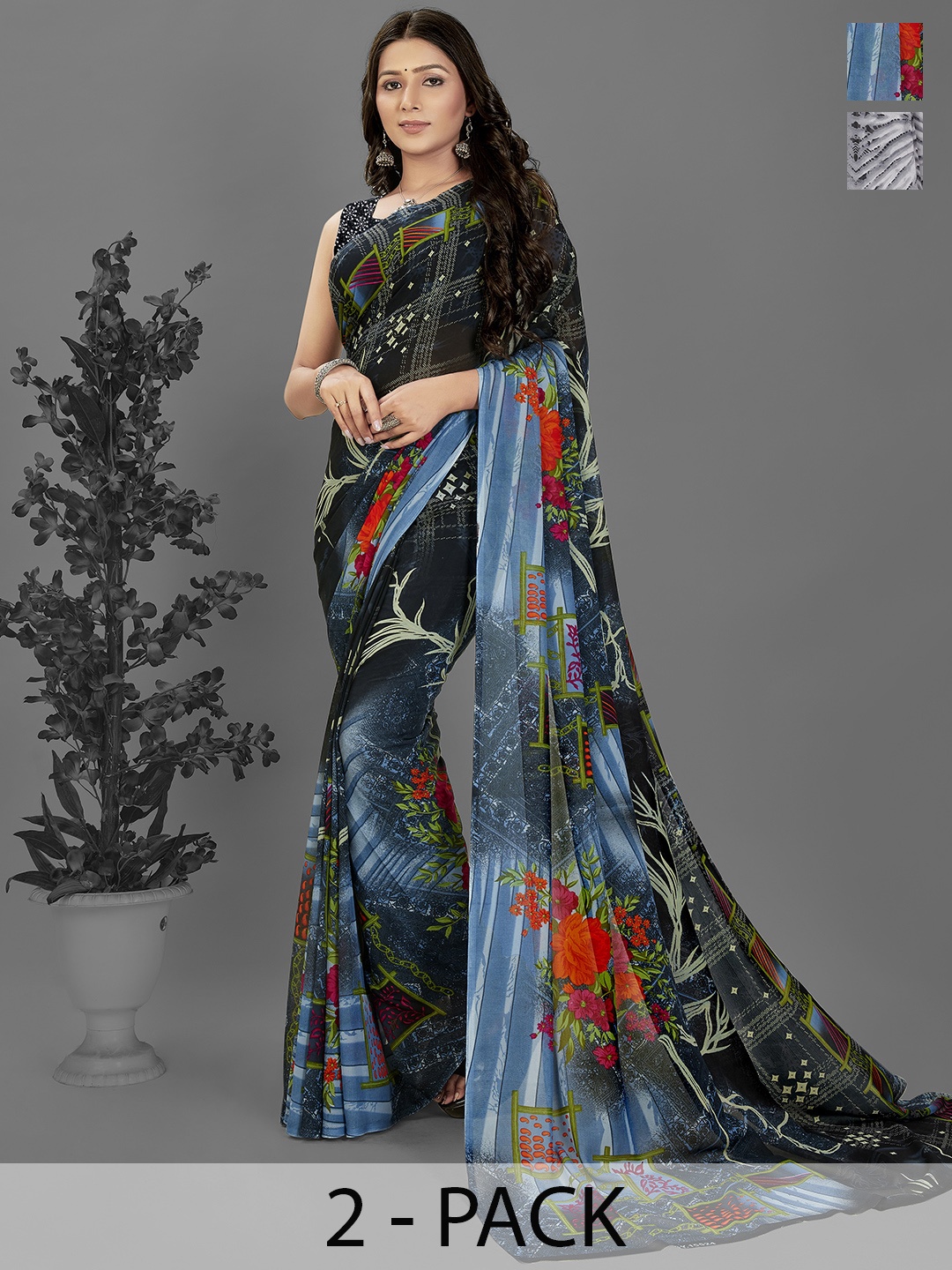 

ANAND SAREES Printed Pack of 2 Saree, Grey