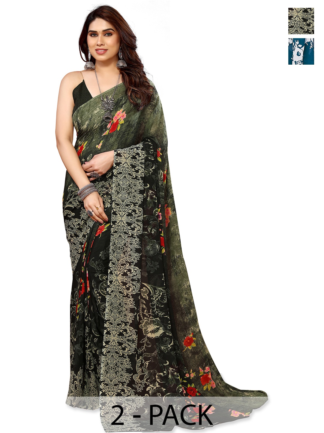 

ANAND SAREES Floral Pack of 2 Saree, Green