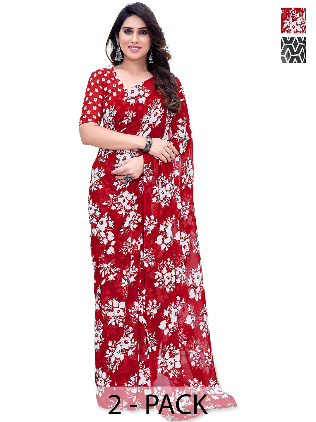 

ANAND SAREES Floral Pack of 2 Saree, Red