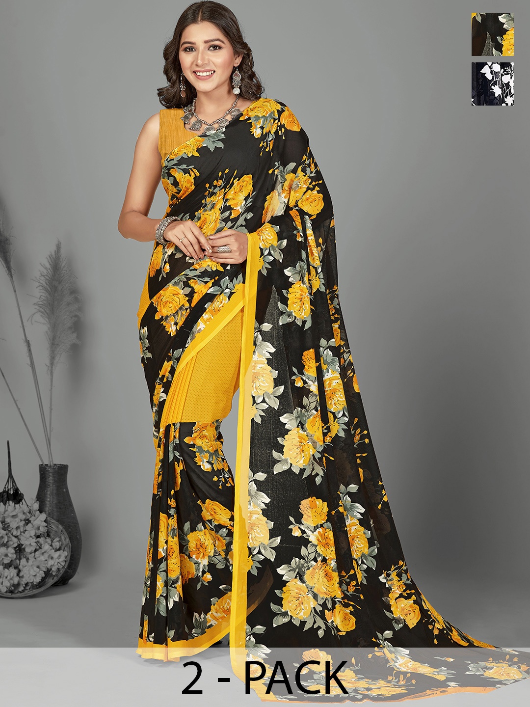 

ANAND SAREES Selection of 2 Floral Printed Saree, Yellow