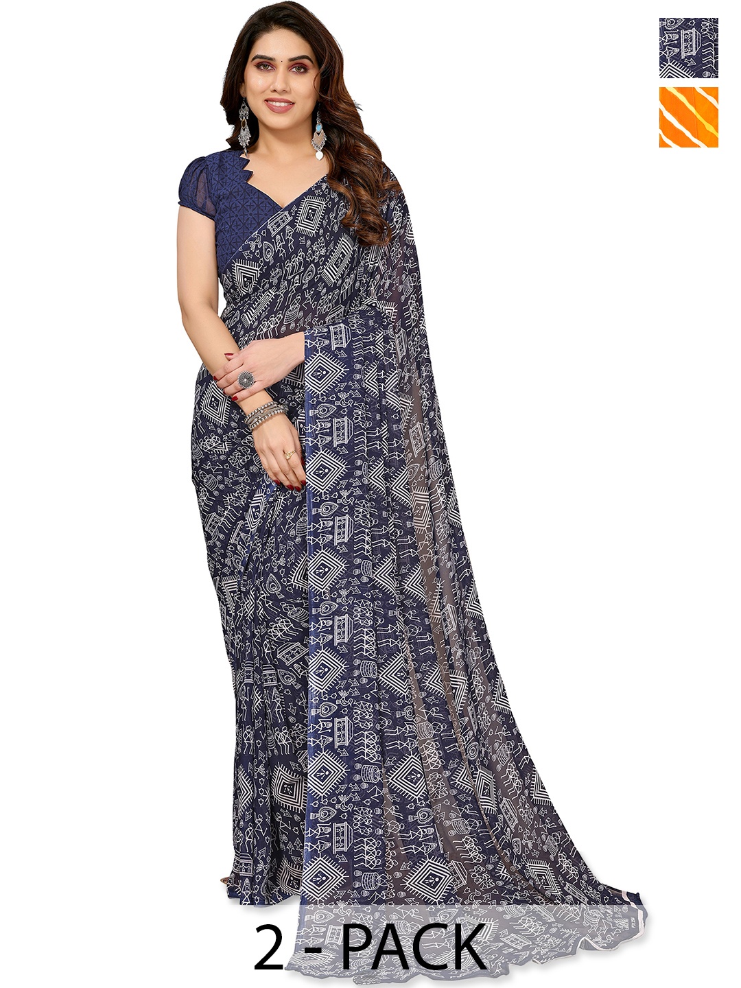 

ANAND SAREES Warli Pack of 2 Saree, Blue