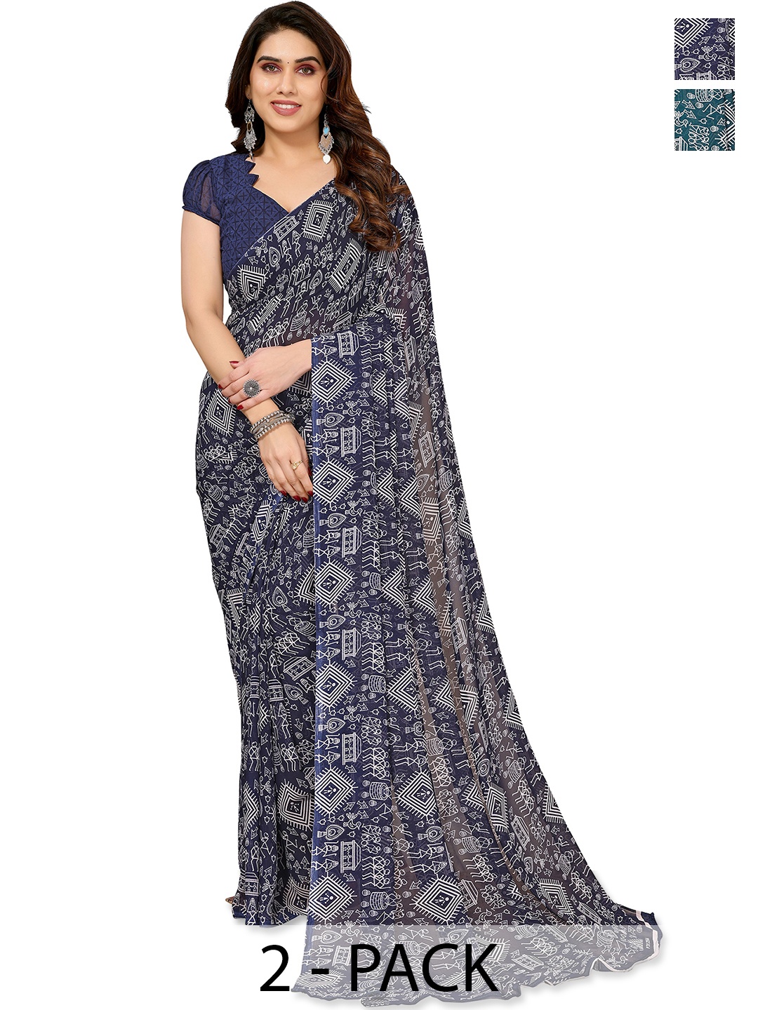 

ANAND SAREES Warli Pack of 2Saree, Blue