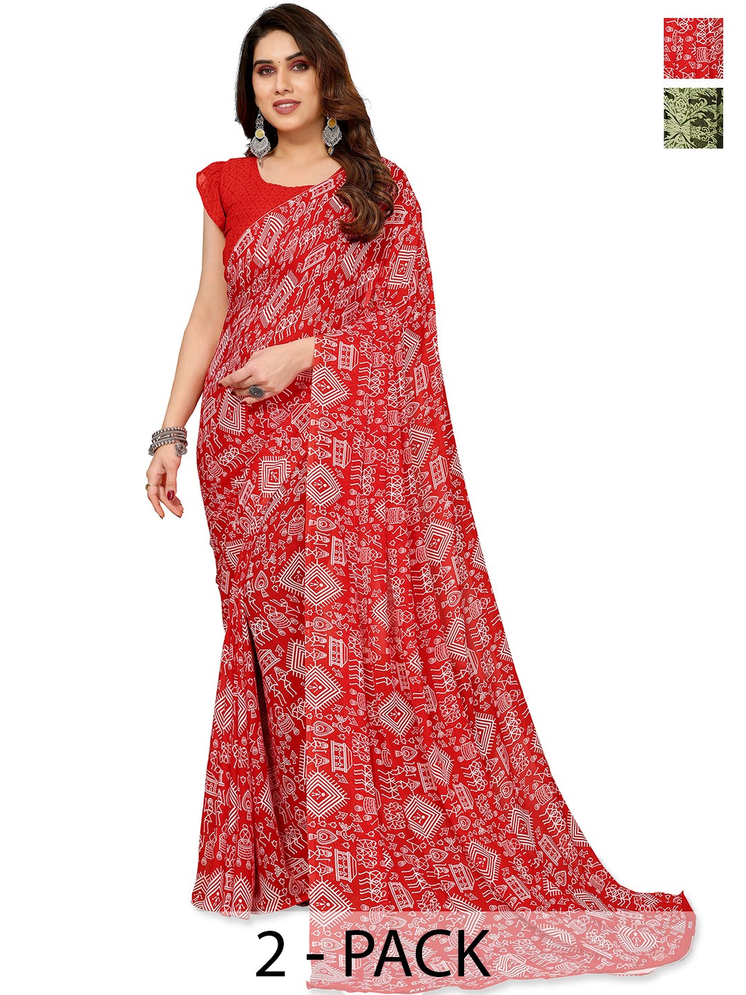 

ANAND SAREES Warli Pack of 2 Saree, Red