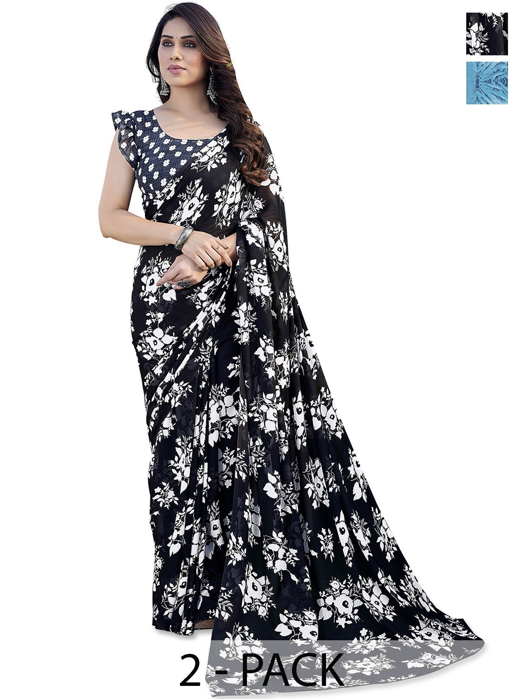 

ANAND SAREES Floral Pack of 2 Saree, Black
