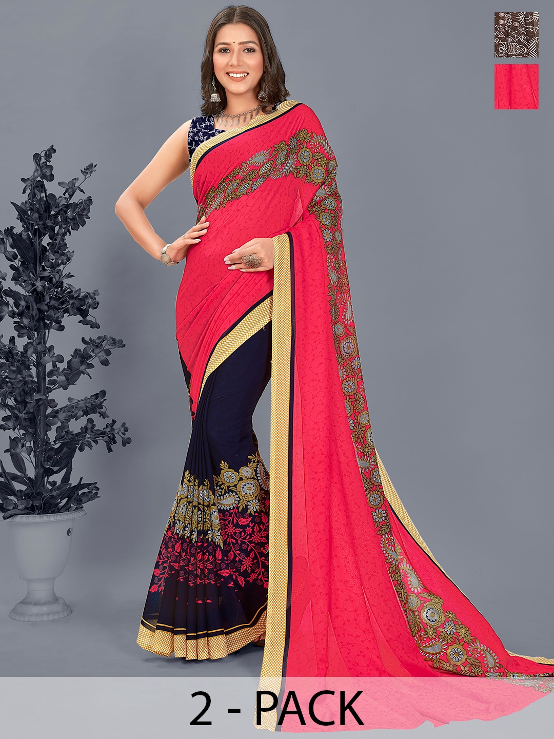 

ANAND SAREES Ethnic Motifs Pack of 2 Saree, Pink
