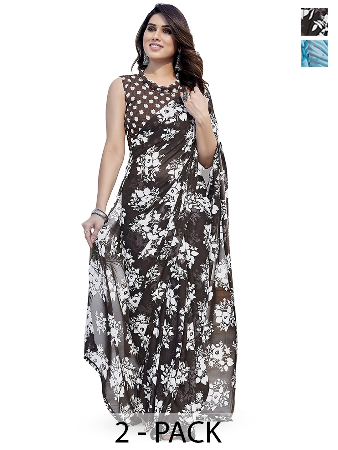 ANAND SAREES Selection Of 2 Floral Printed Saree, Brown