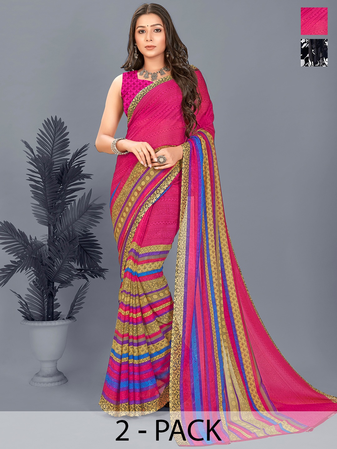 ANAND SAREES Floral Pack of 2 Saree, Black