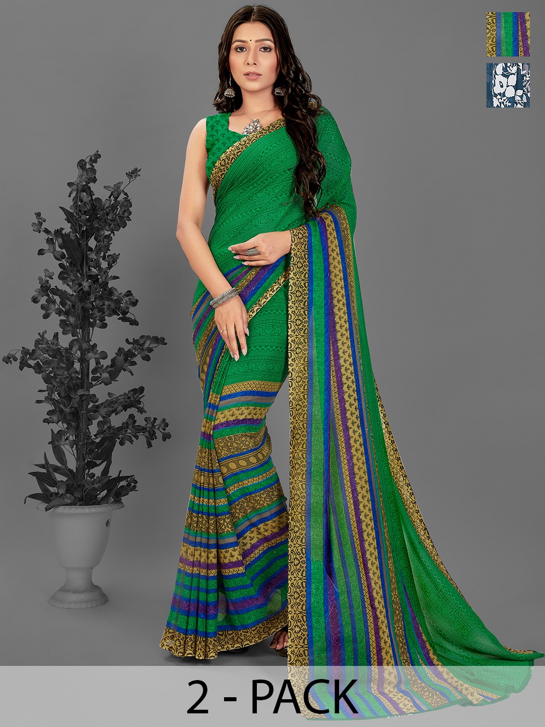 

ANAND SAREES Geometric Pack of 2 Saree, Green