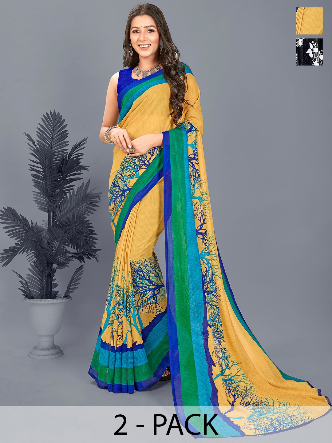 

ANAND SAREES Floral Pack of 2 Saree, Black