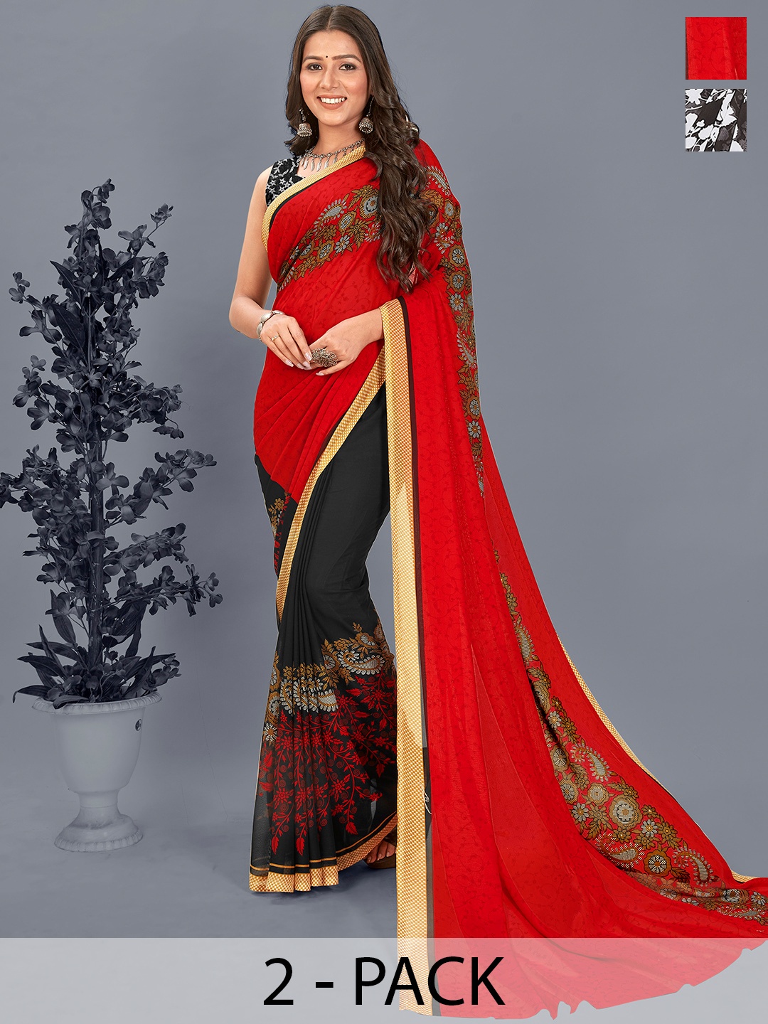 ANAND SAREES Ethnic Motifs Pack of 2 Saree, Black