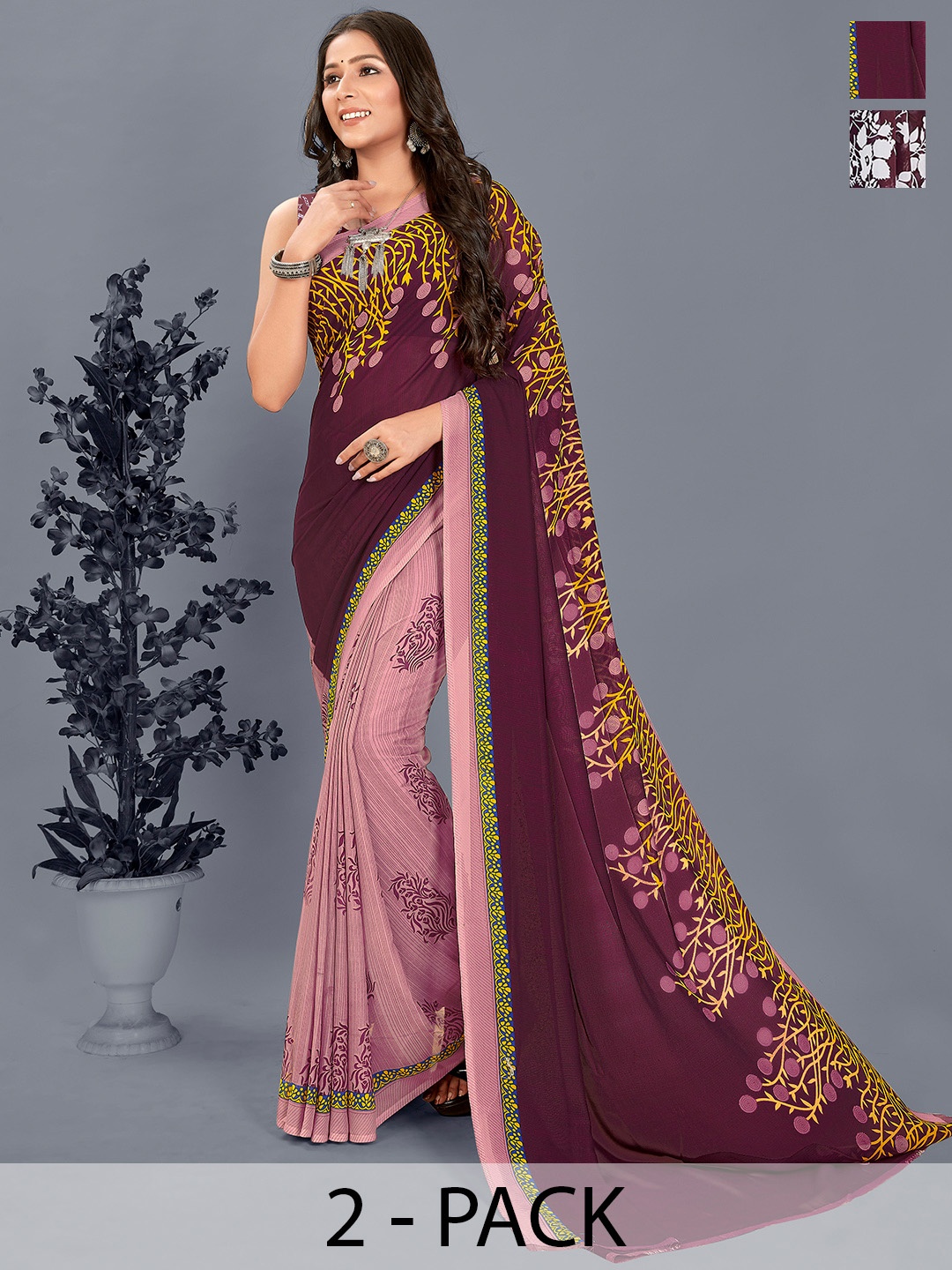 

ANAND SAREES Selection of 2 Floral Printed Saree, Burgundy