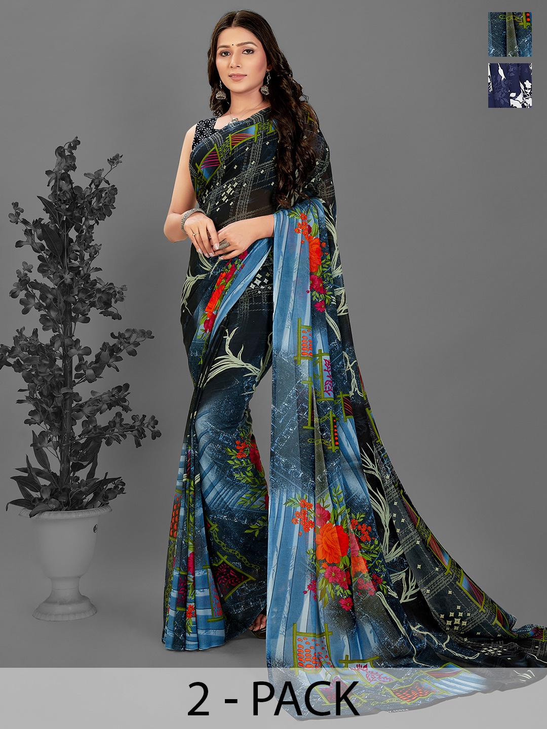 

ANAND SAREES Floral Pack of 2 Saree, Blue