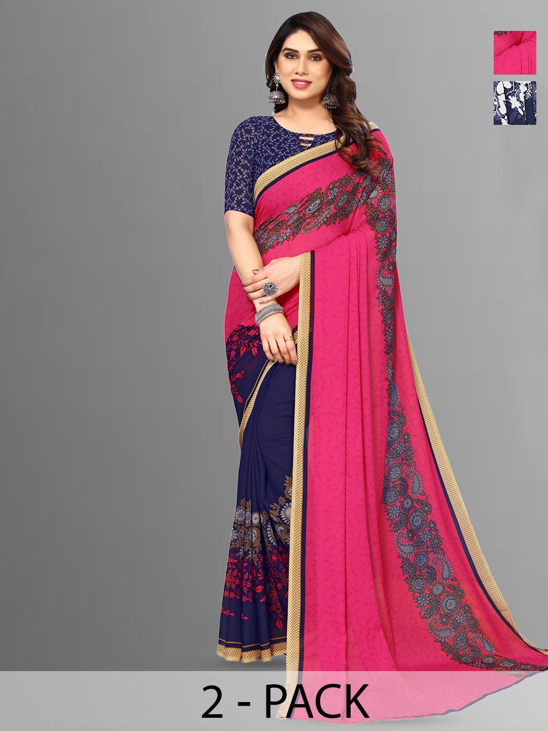 ANAND SAREES Selection Of 2 Floral Printed Saree, Blue