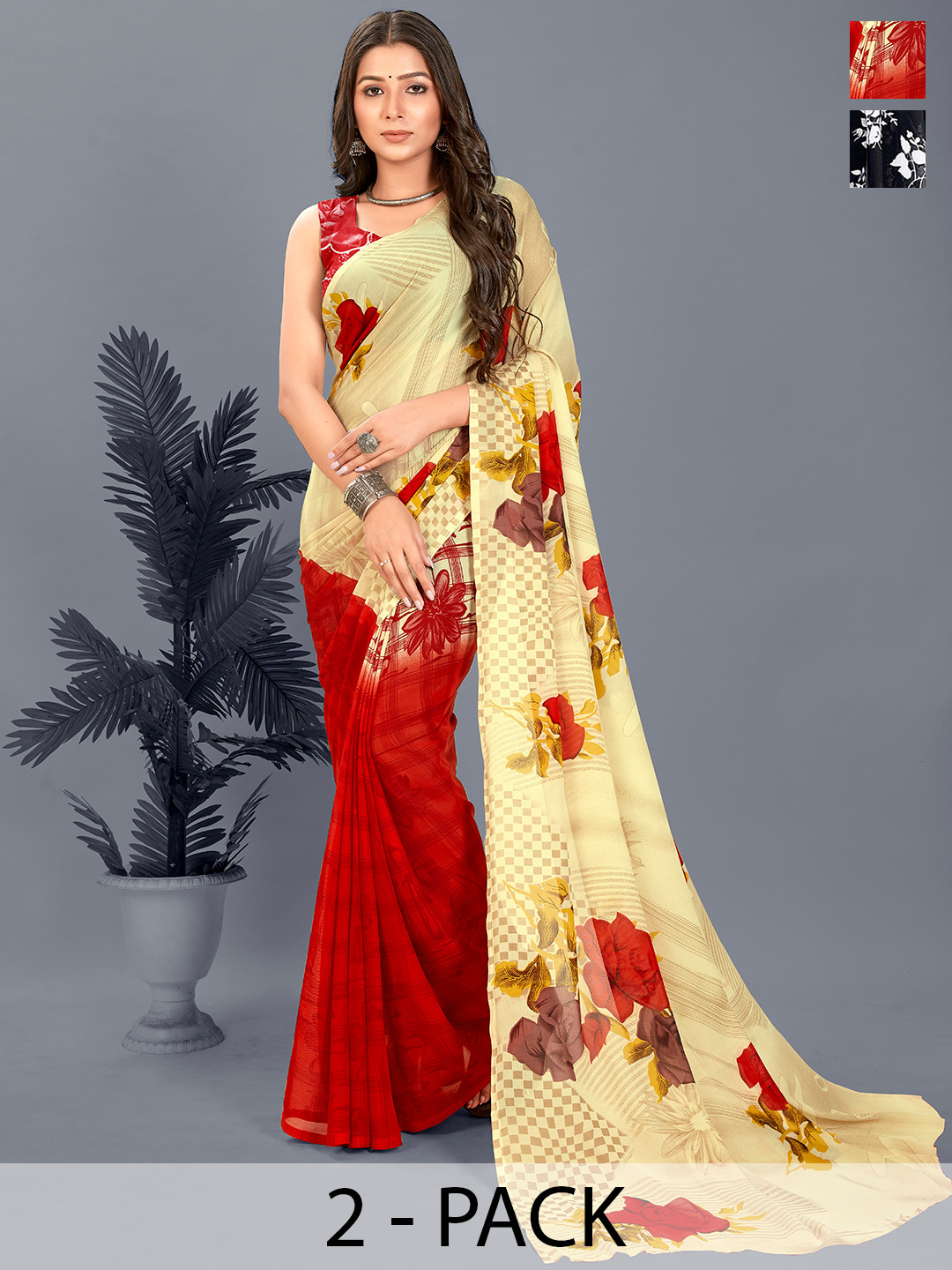 

ANAND SAREES Floral Ply Saree Pack of 2, Black