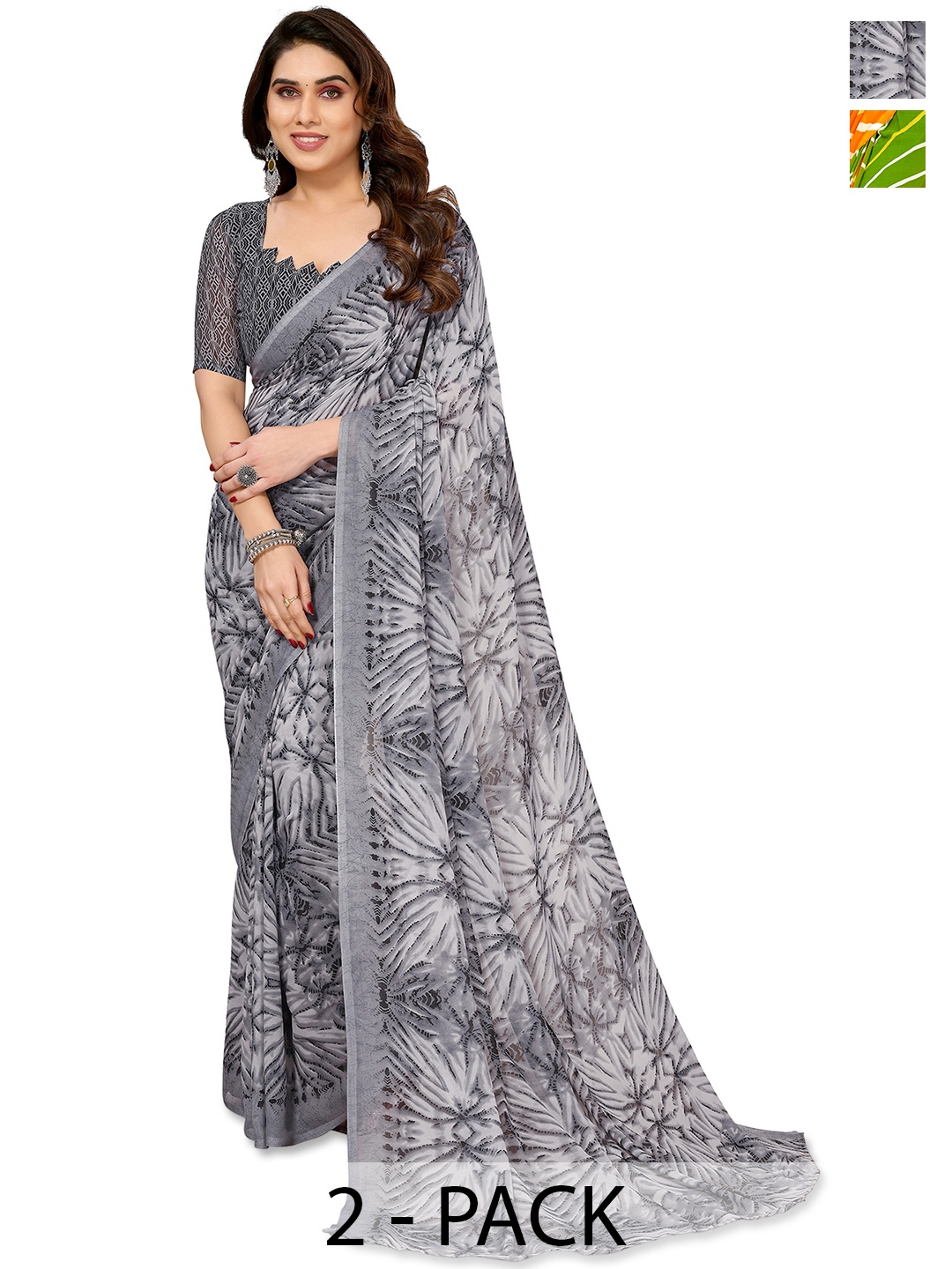 

ANAND SAREES Selection of 2 Printed Saree, Grey