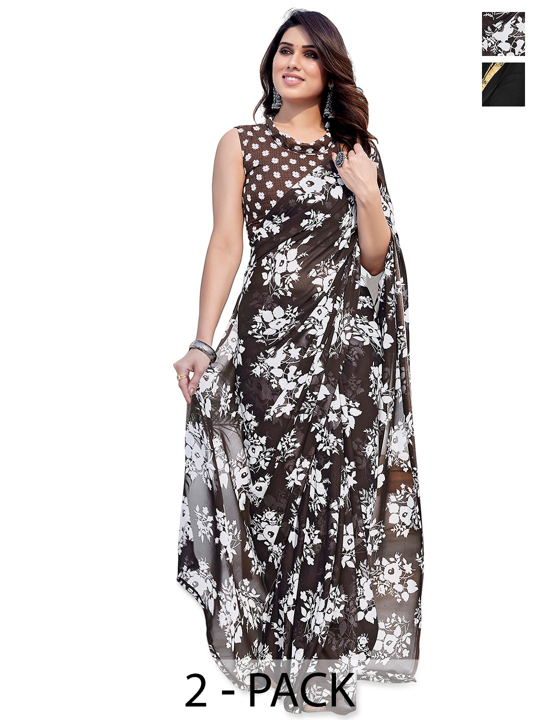 

ANAND SAREES Floral Saree Pack of 2, Brown
