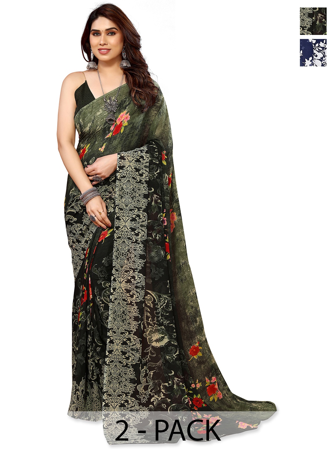 

ANAND SAREES Floral Ply Saree Pack of 2, Black