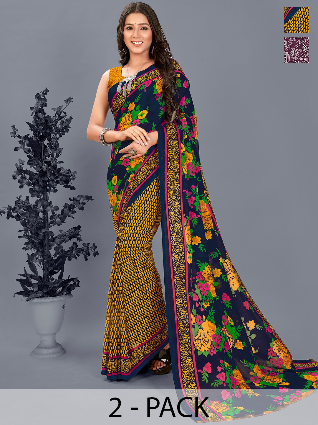 

ANAND SAREES Floral Half and Half Saree Pack of 2, Magenta