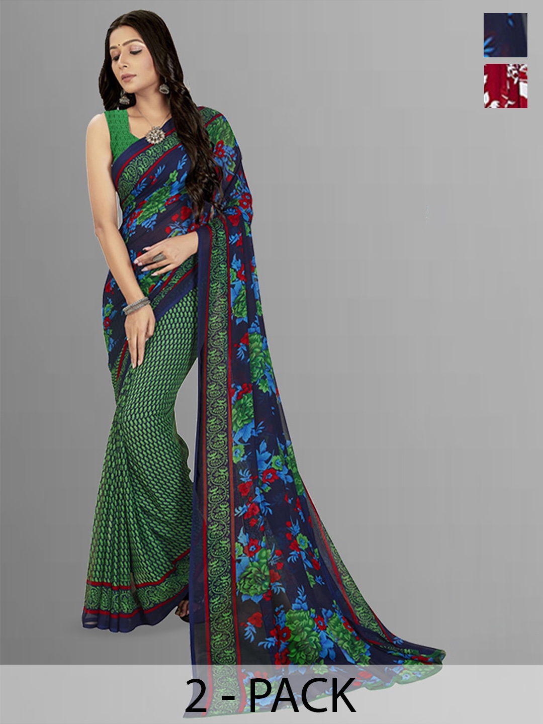 

ANAND SAREES Selection Of 2 Floral Printed Saree, Red