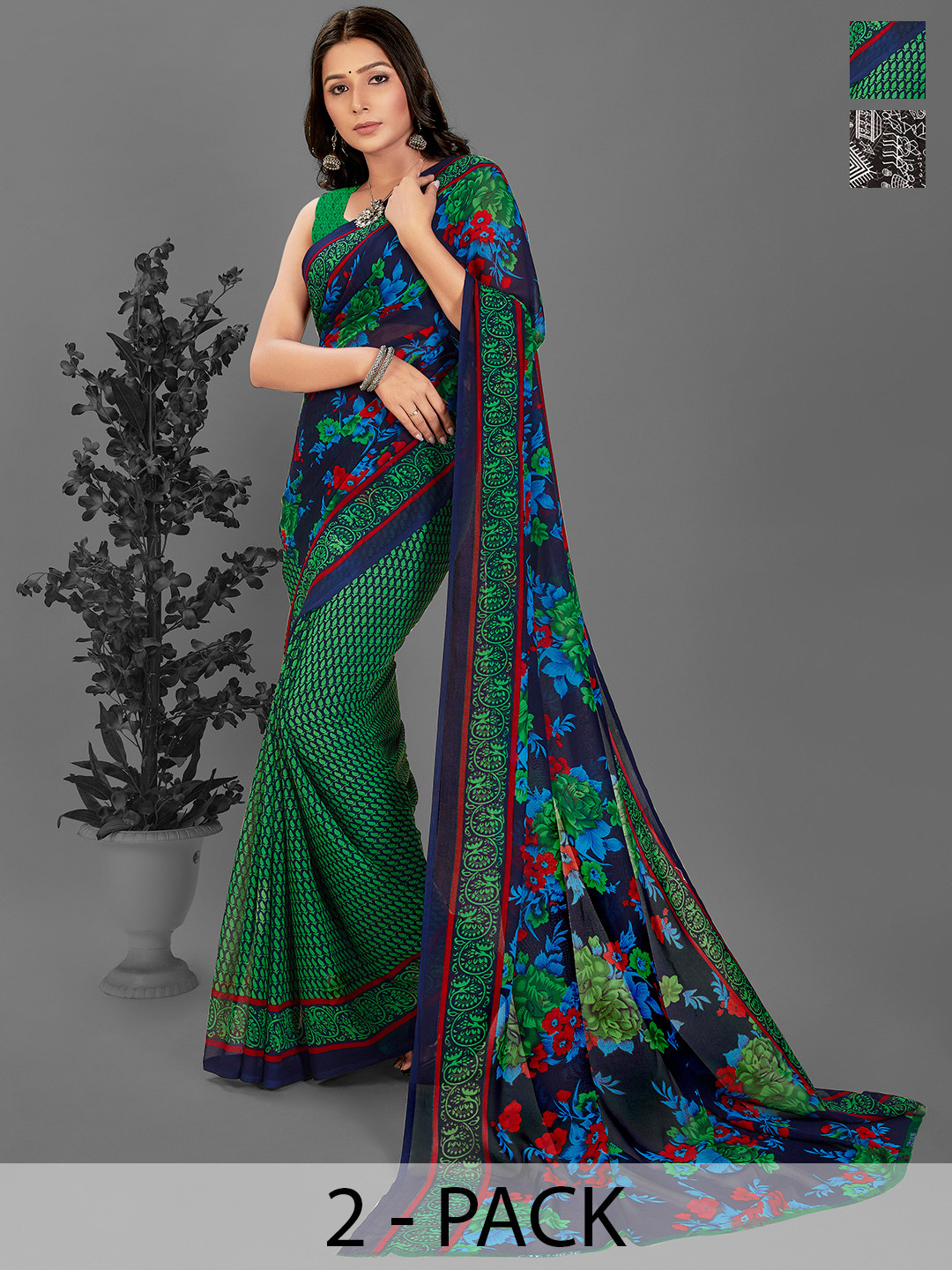 

ANAND SAREES Floral Saree Pack of 2, Black