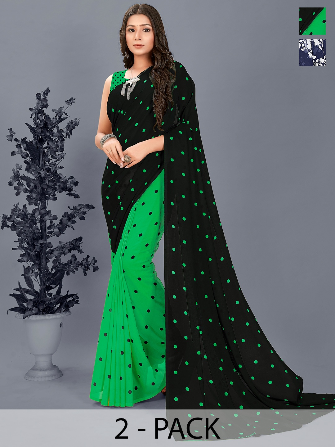 

ANAND SAREES Floral Half and Half Saree Pack of 2, Black