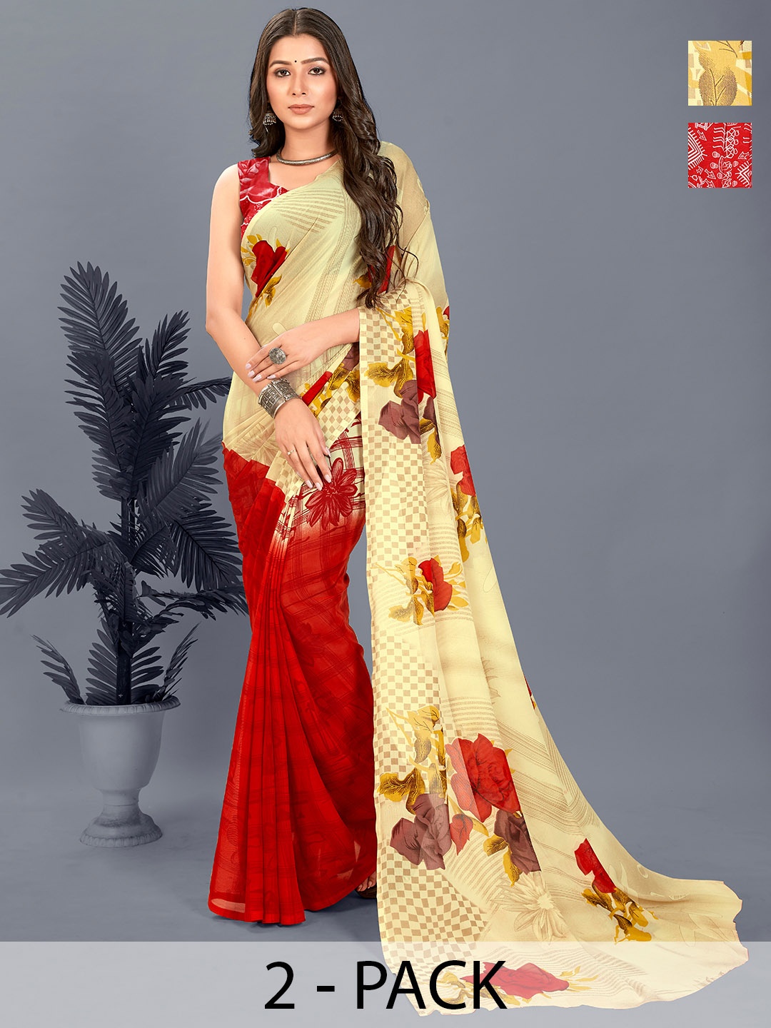 

ANAND SAREES Ethnic Motifs Saree Pack of 2, Red