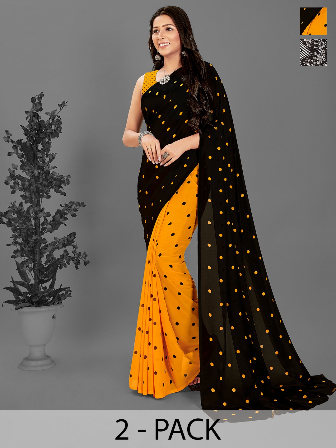 

ANAND SAREES Polka Dot Half and Half Saree Pack of 2, Black