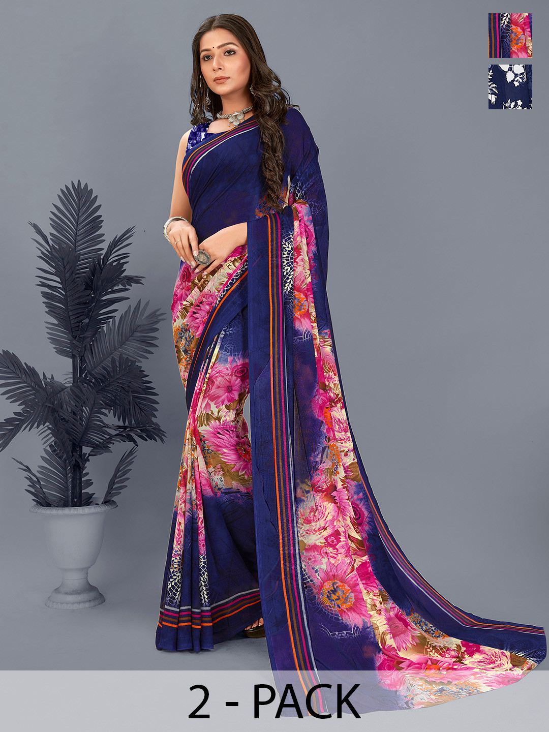 

ANAND SAREES Floral Saree Pack of 2, Navy blue