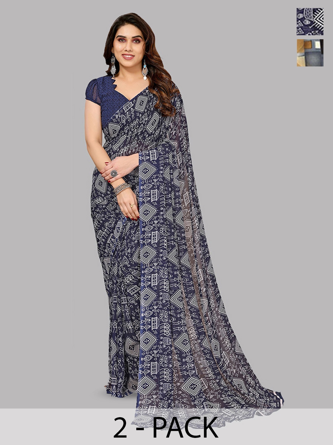 

ANAND SAREES Selection Of 2 Geometric Printed Saree, Blue