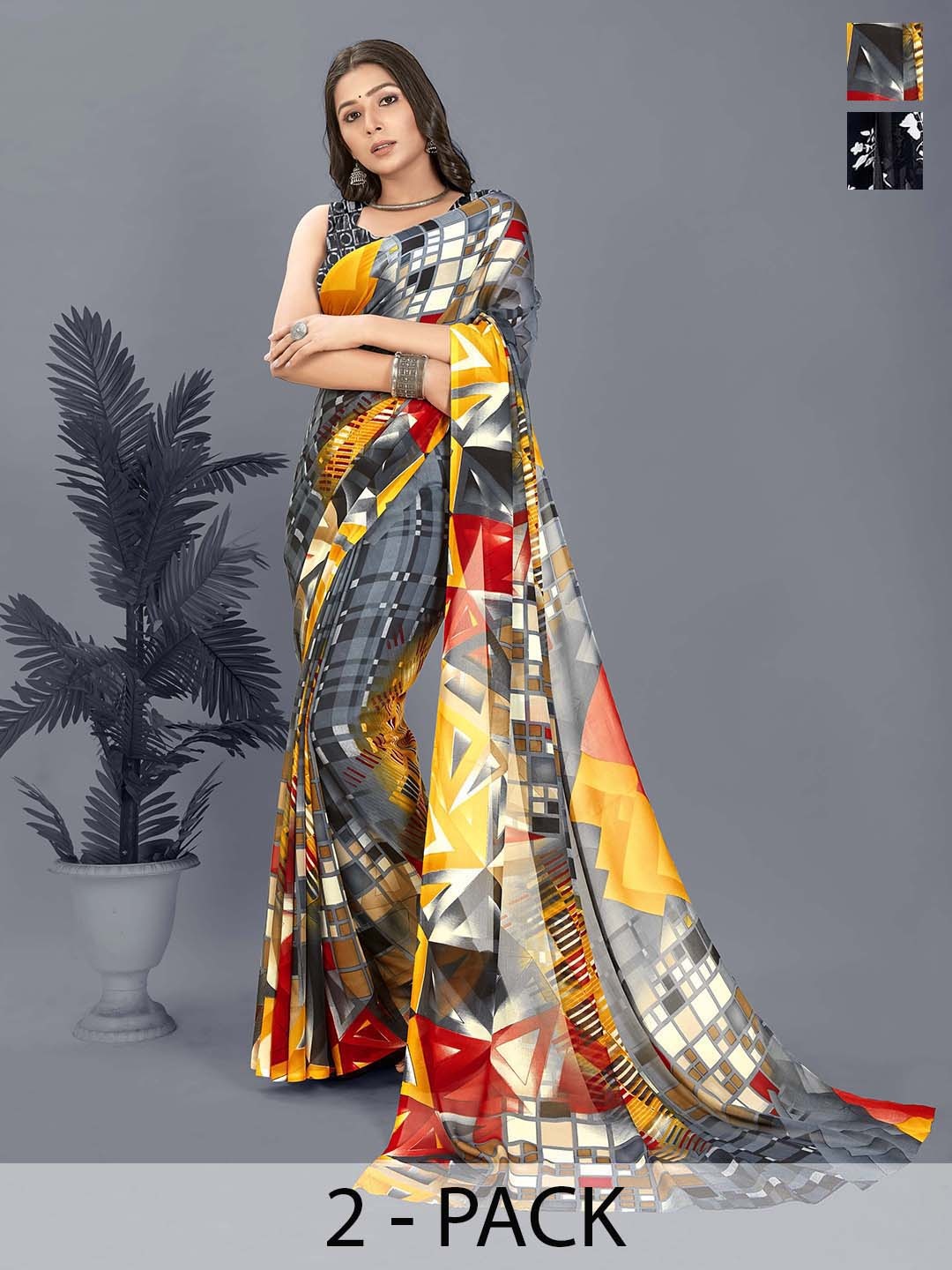 

ANAND SAREES Floral Saree Pack of 2, Black