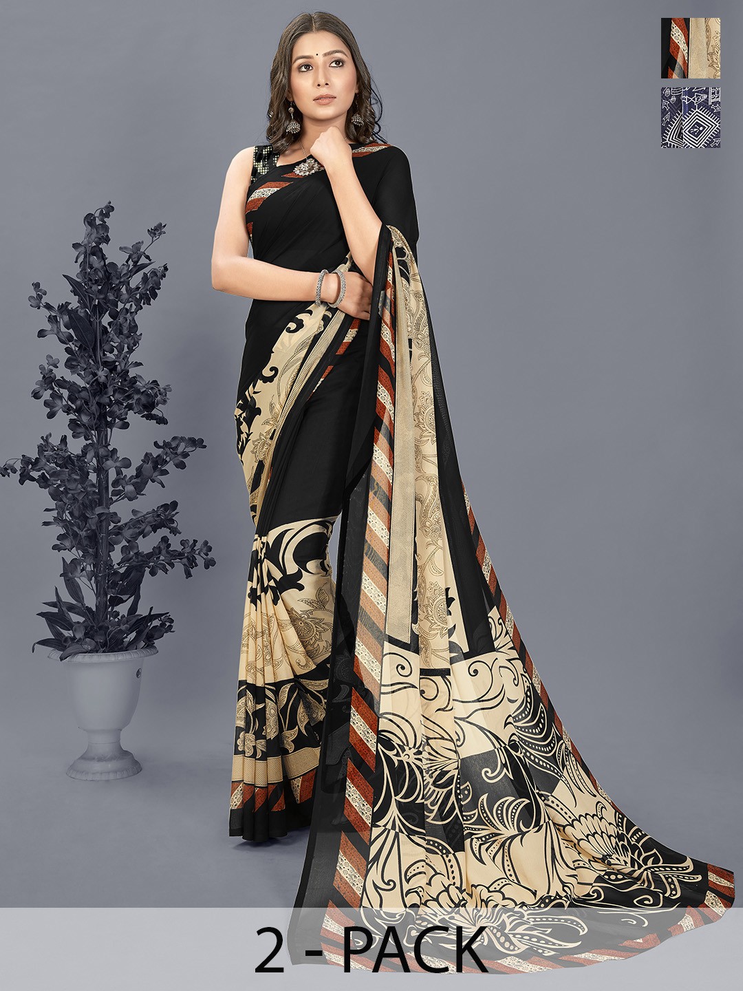 

ANAND SAREES Ethnic Motifs Half and Half Saree Pack of 2, Blue