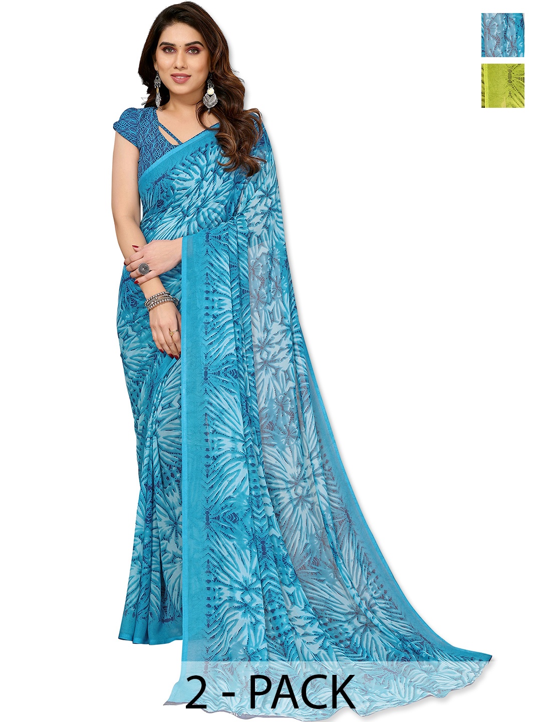 

ANAND SAREES Floral Saree Pack of 2, Green