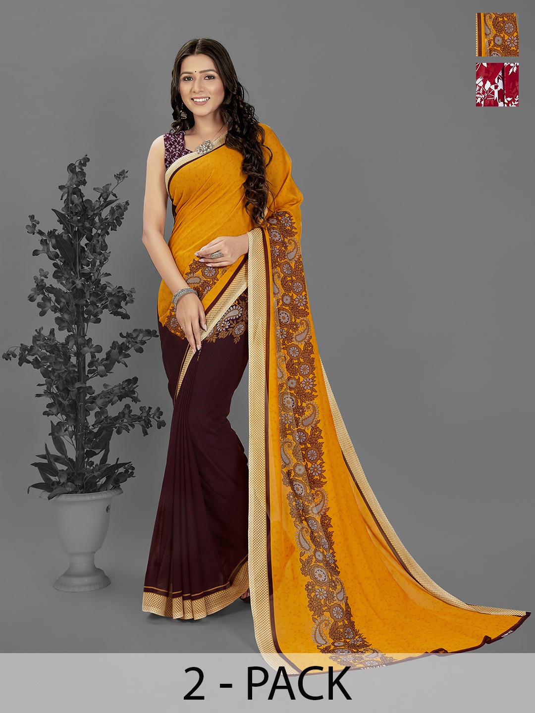 ANAND SAREES Floral Half and Half SareePack of 2, Red