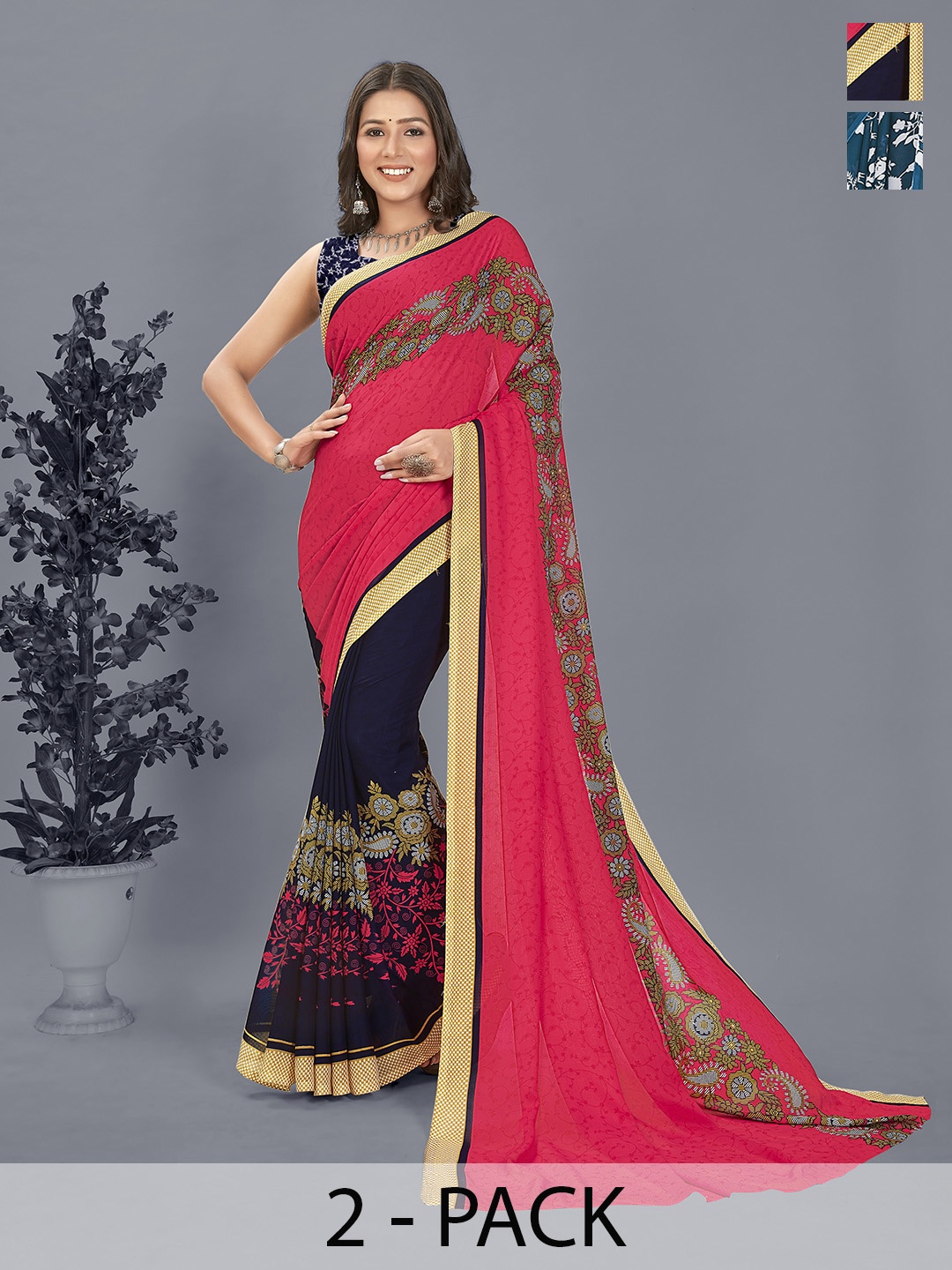 

ANAND SAREES Floral Saree Pack of 2, Blue
