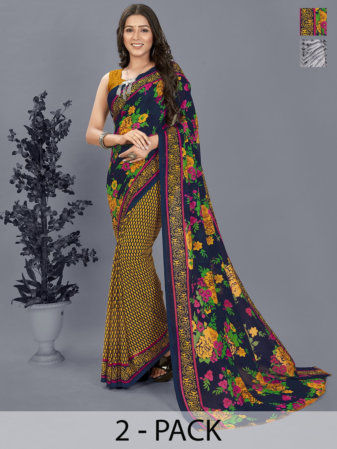 

ANAND SAREES Floral Saree Pack of 2, Grey