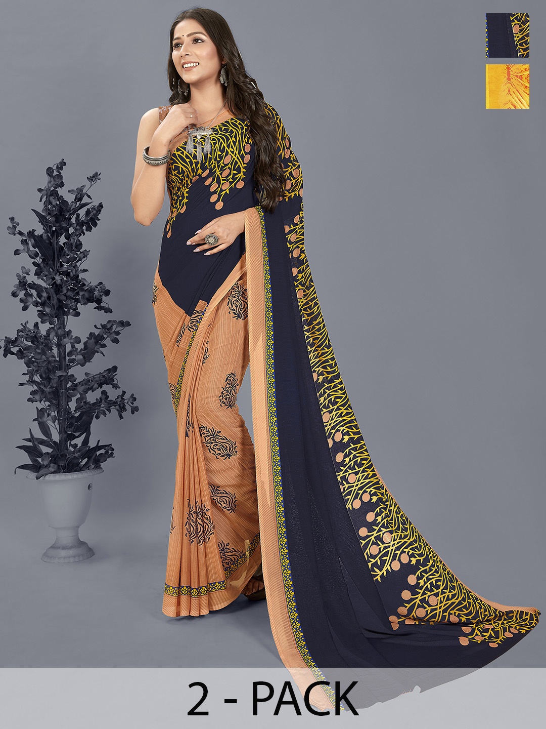 ANAND SAREES Floral Saree Pack of 2, Yellow