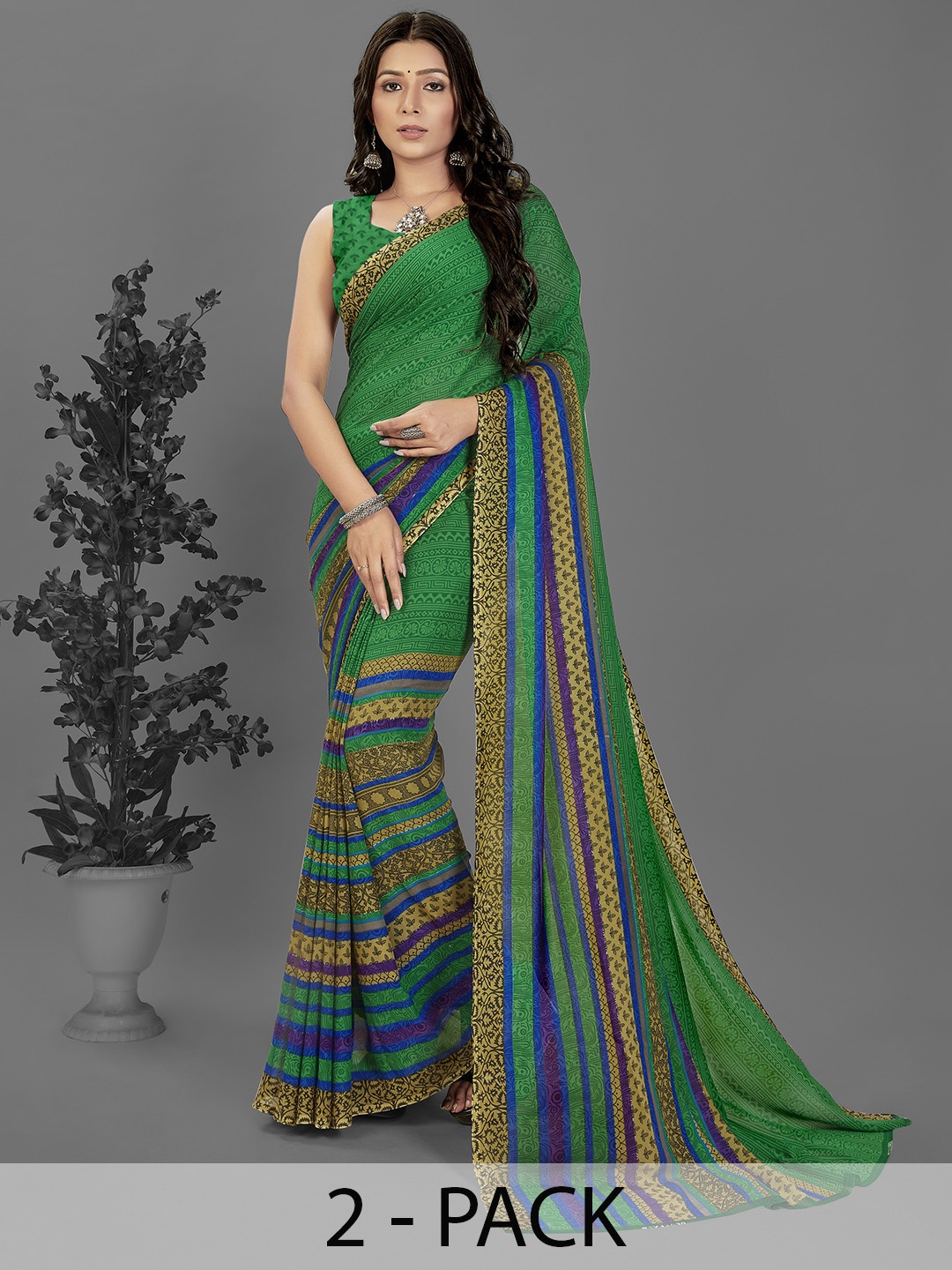 

ANAND SAREES Floral Saree Pack of 2, Green