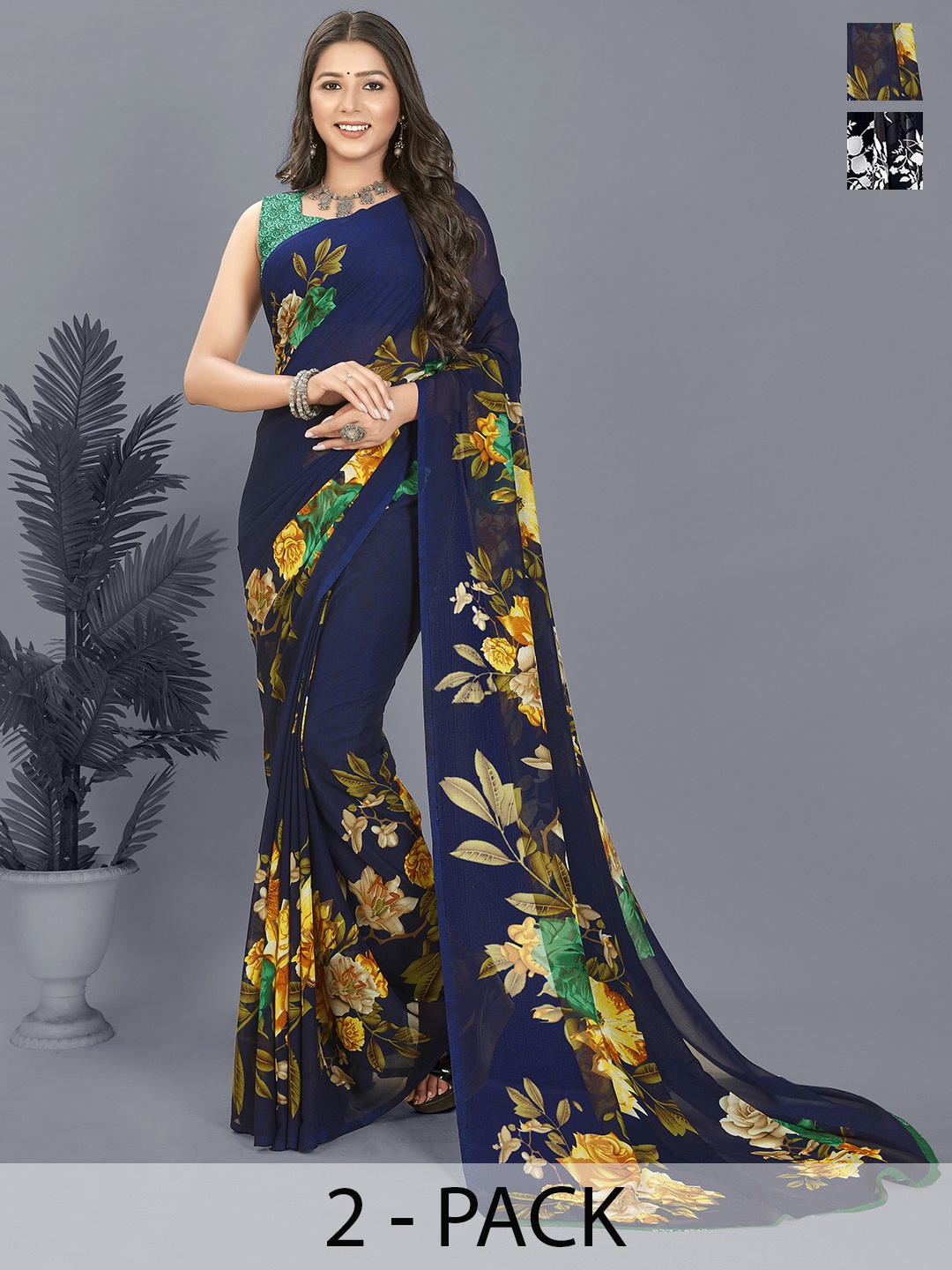 

ANAND SAREES Floral Saree Pack of 2, Black