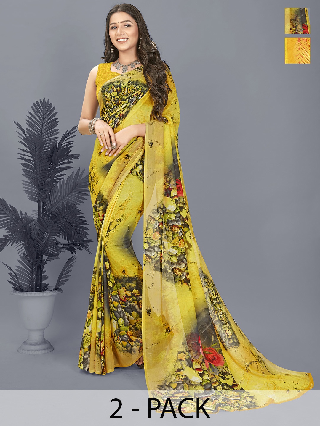 ANAND SAREES Floral Saree Pack of 2, Yellow