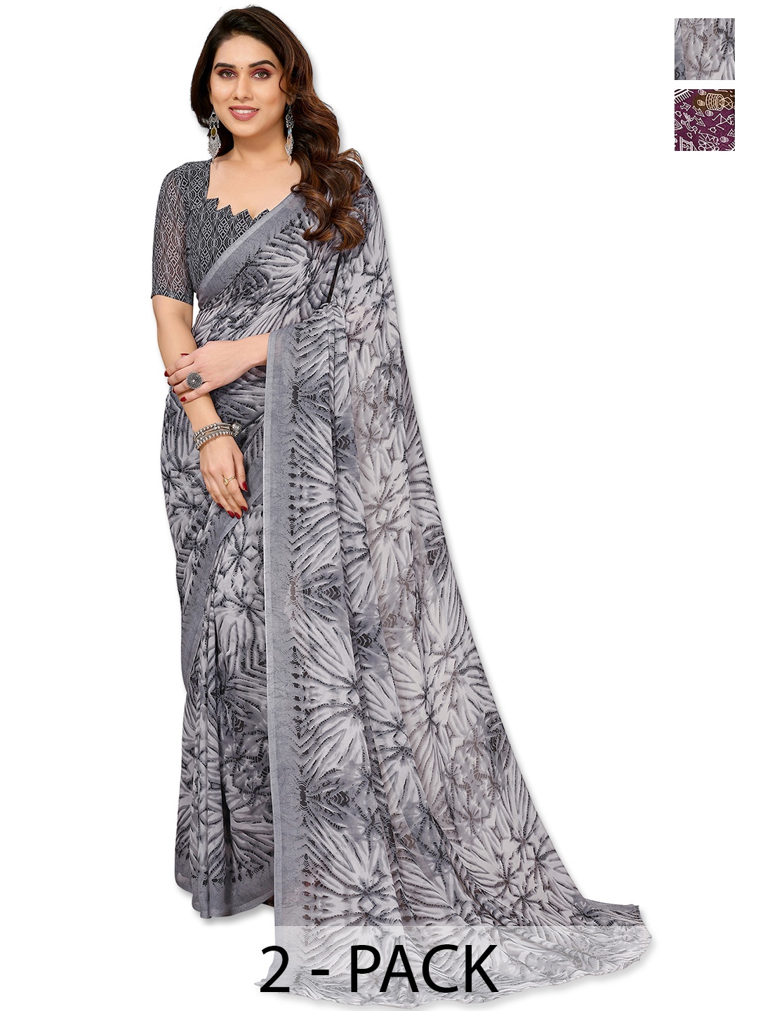

ANAND SAREES Floral Saree Pack of 2, Grey