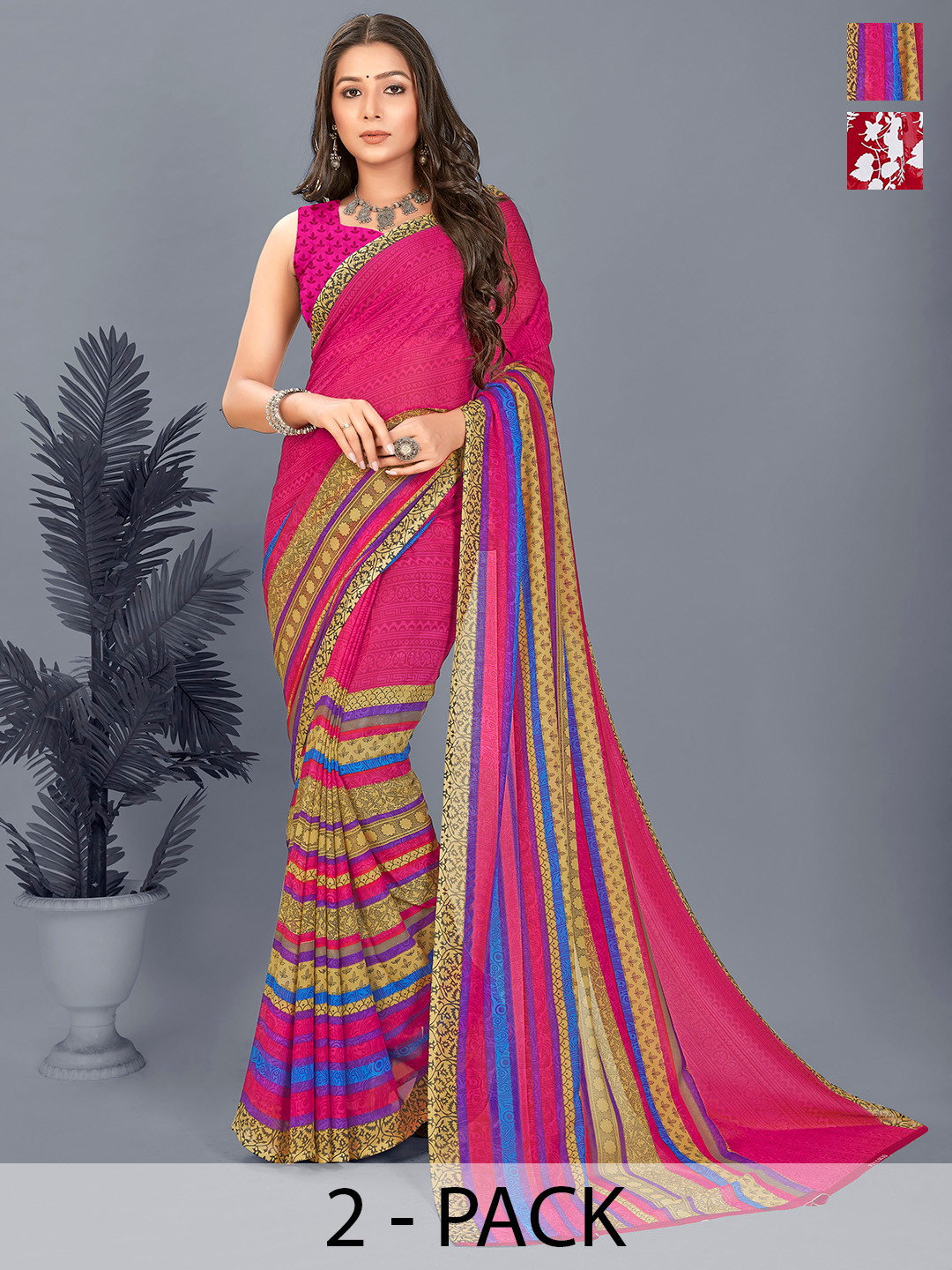 

ANAND SAREES Floral Half and Half Saree Pack of 2, Red