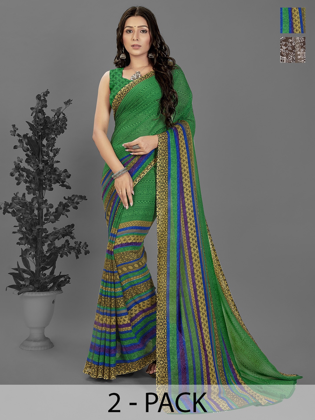 ANAND SAREES Floral Saree Pack of 2, Green