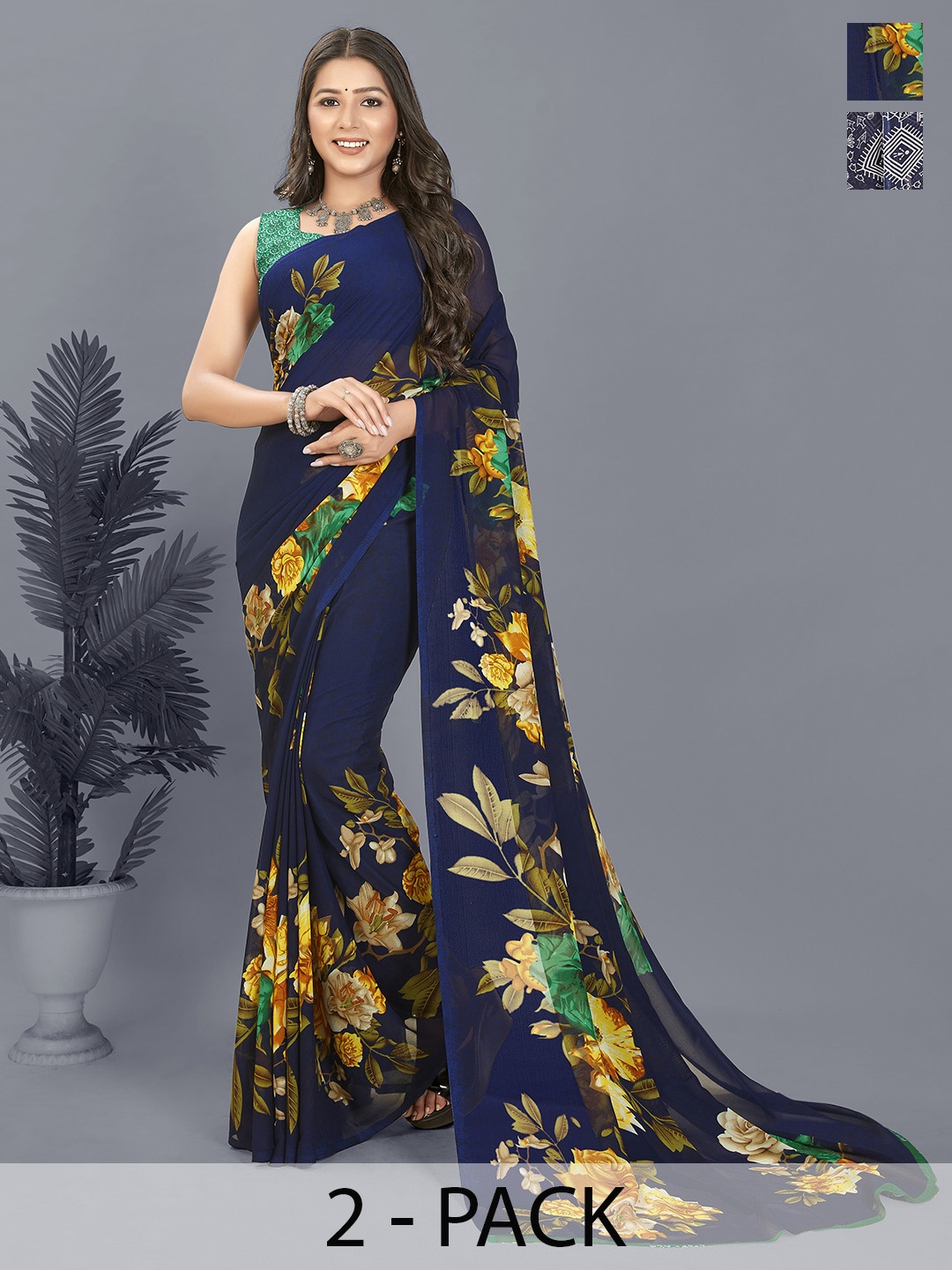 

ANAND SAREES Floral Saree Pack of 2, Blue