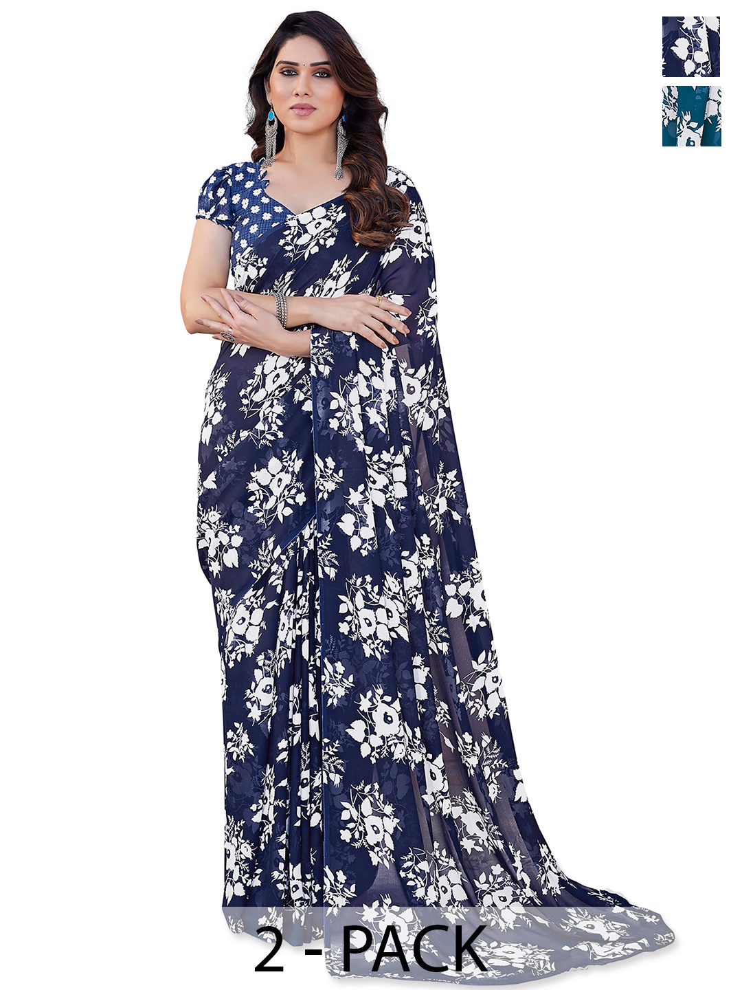 

ANAND SAREES Floral Saree Pack of 2, Blue