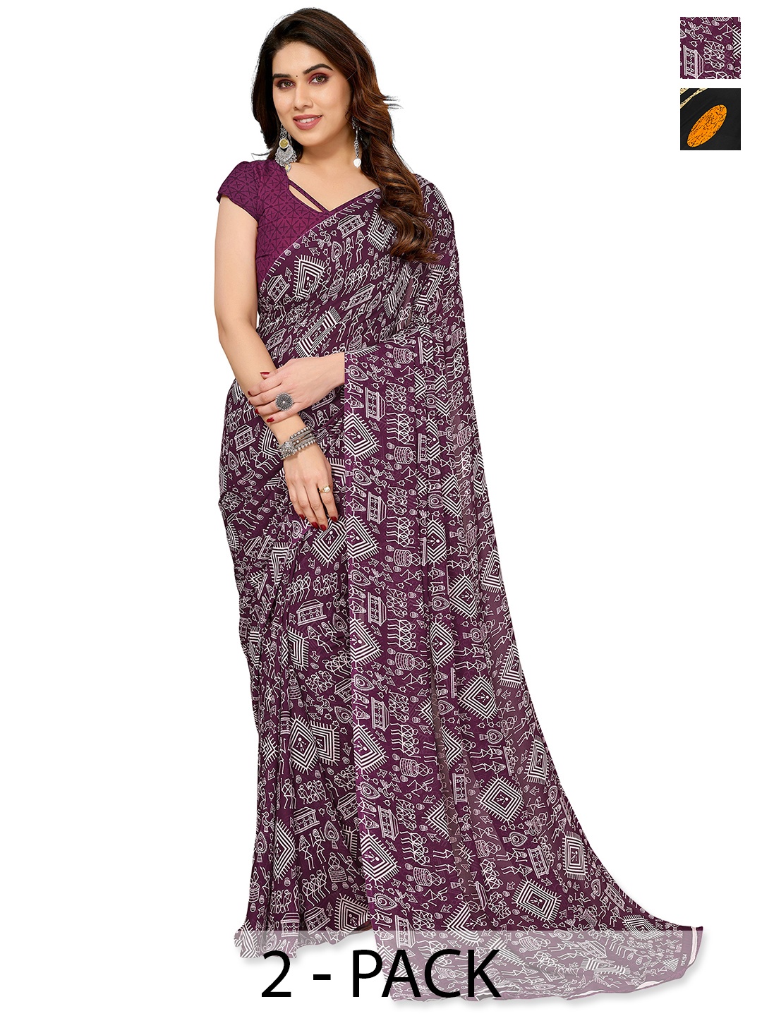 

ANAND SAREES Selection of 2 Printed Saree, Burgundy