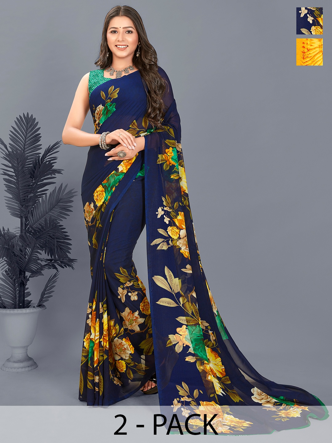 

ANAND SAREES Floral Saree Pack of 2, Navy blue